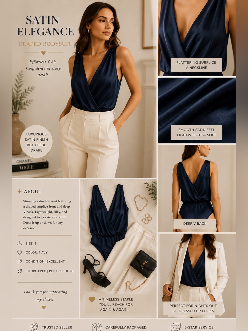 Zara Navy Satin Surplice Bodysuit